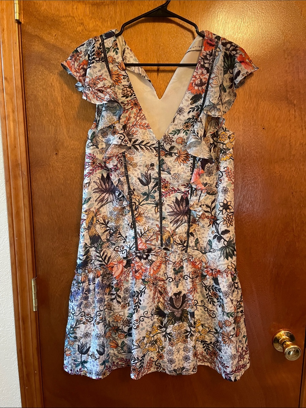 Adelyn Rae Floral Ruffle Mini Dress in White with Coral and Navy Accents